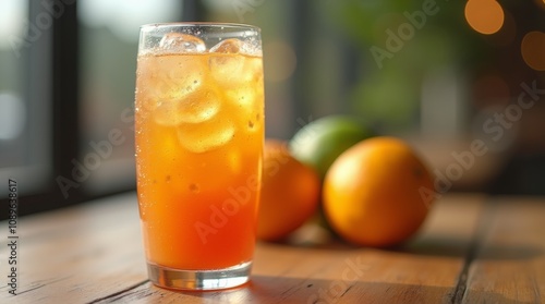 A close-up of a refreshing isotonic drink in a clear glass, with condensation on the surface, placed on a wooden table. Copyspace photo