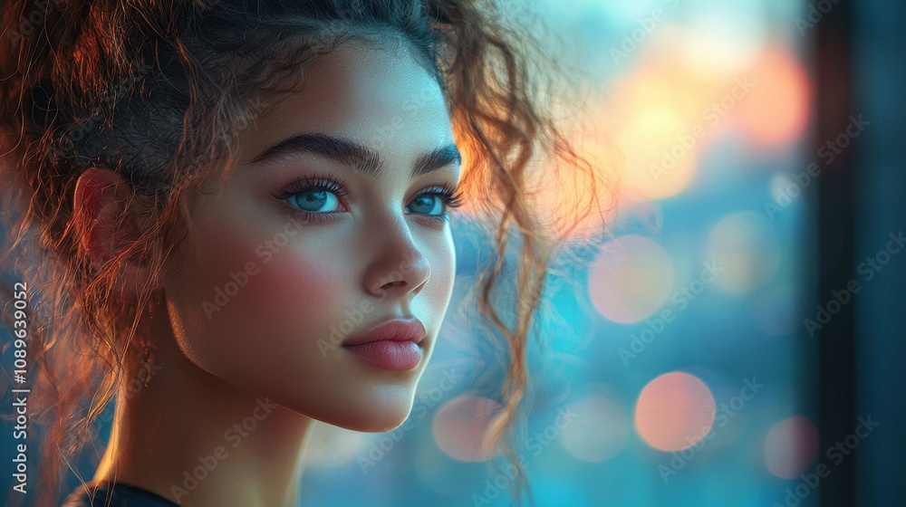 Young woman with curly hair gazes thoughtfully out a window during sunset in urban setting Young woman with curly hair gazes thoughtfully out a window during sunset in urban setting