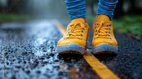 Bright yellow shoes step carefully on a wet pathway during a rainy day in a serene outdoor setting