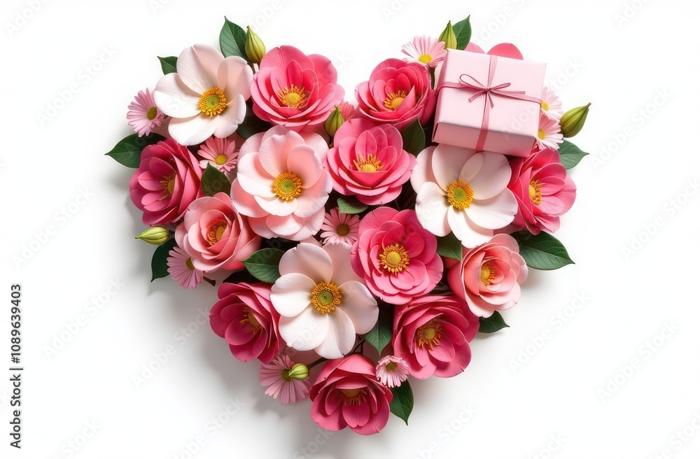 Heart made from flowers and gifts, realist precision, high saturation, beautiful, inspiring, isolated, flat white background Heart made from flowers and gifts, realist precision, high saturation, beautiful, inspiring, isolated, flat white background