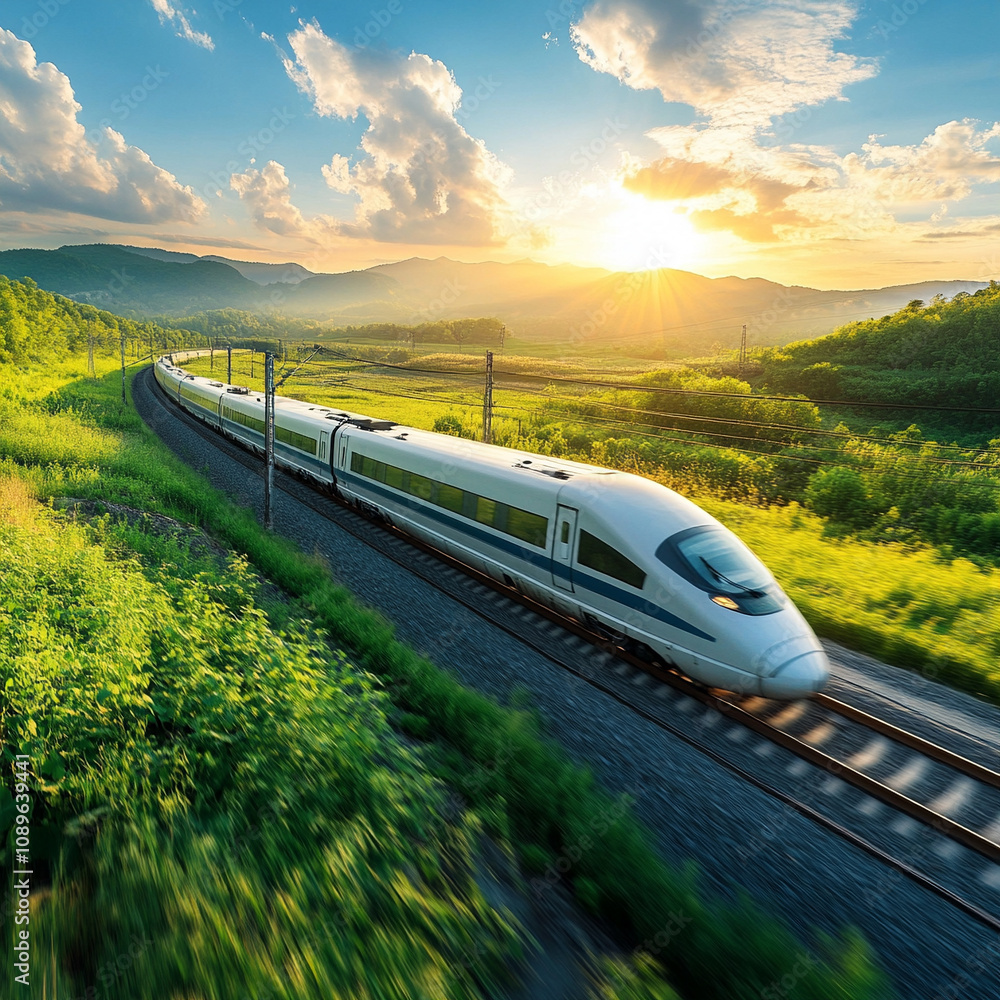 Fototapeta premium High-speed train travels through lush green mountains at sunset