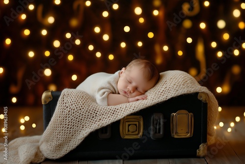 Cozy Scene of a Sleeping Baby in a Vintage Suitcase with Warm Lights photo