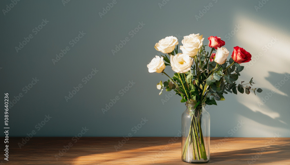 Fototapeta premium beautiful bouquet of white and red roses in glass vase on wooden table, creating serene atmosphere. valentine