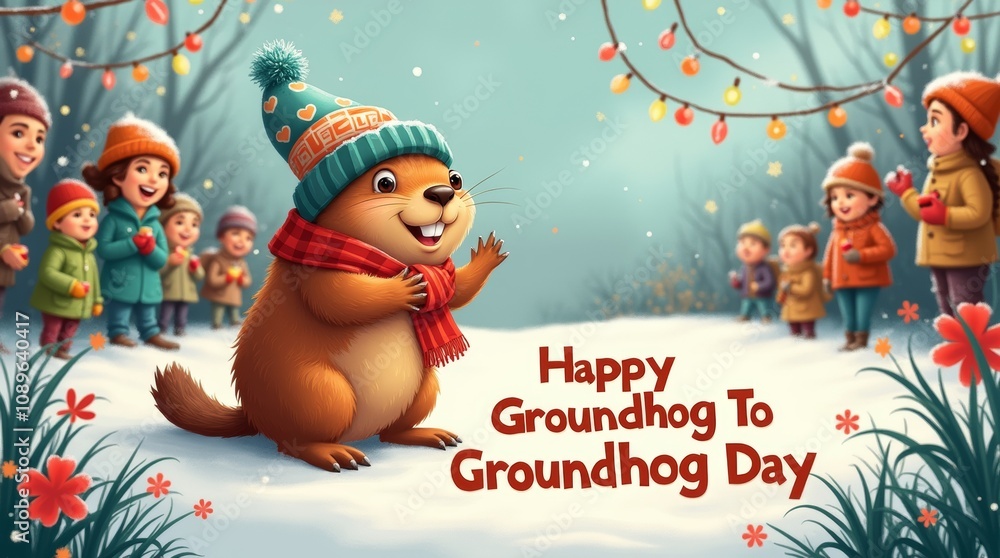 Fototapeta premium illustration of a groundhog surrounded by a festive scene on Groundhog Day, with people watching and colorful decorations