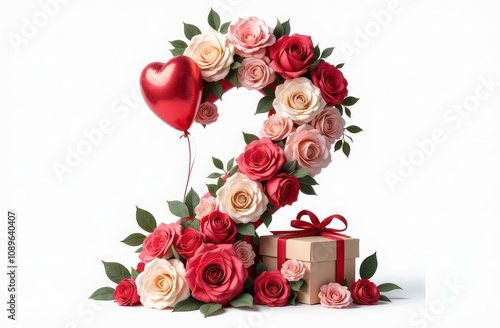 Intertwined gifts, balloons and flowers letter “2”, realist precision, high saturation, beautiful, inspiring, isolated, flat white background 