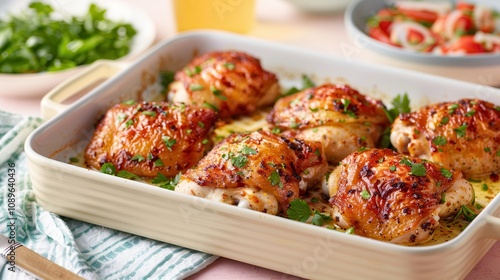 Air fryers make clean food cooking easy in the kitchen. Delicious roasted chicken thighs in a dish