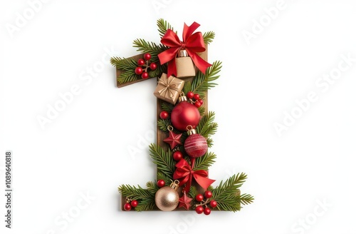 Intertwined christmas decorations number “1”, realist precision, high saturation, beautiful, inspiring, isolated, flat white background	