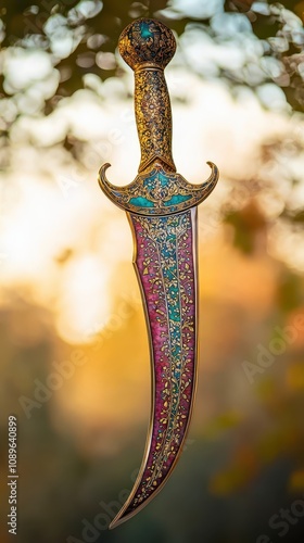 Close-up of a stunning Arabian dagger showcasing intricate inlay and artistic design photo