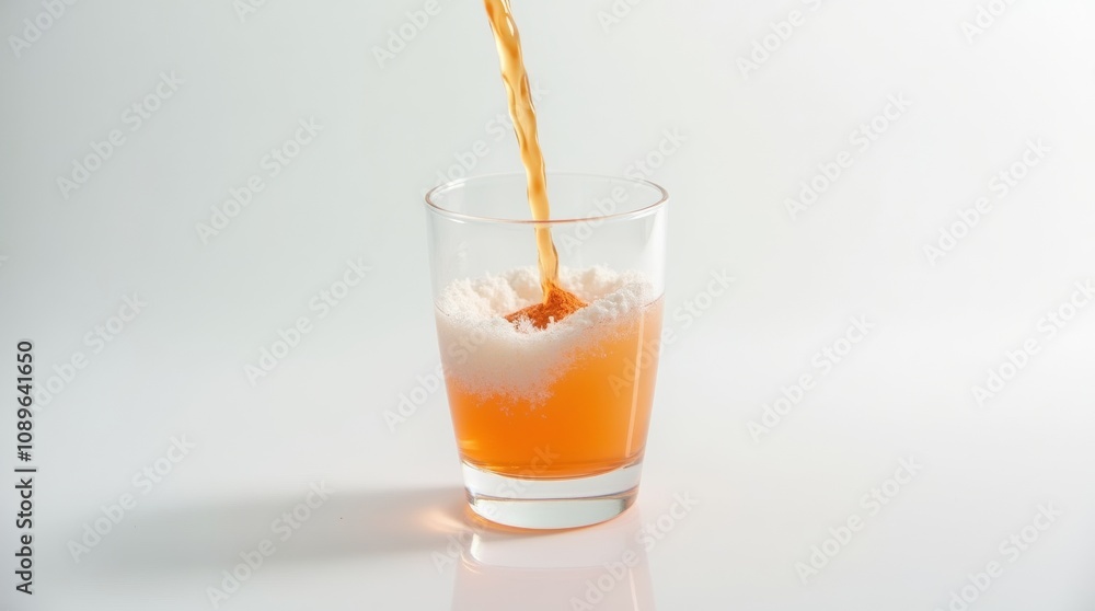 close-up of a clear glass filled with isotonic drink powder being mixed with water, vibrant liquid forming as the powder dissolves, minimalist white background close-up of a clear glass filled with isotonic drink powder being mixed with water, vibrant liquid forming as the powder dissolves, minimalist white background