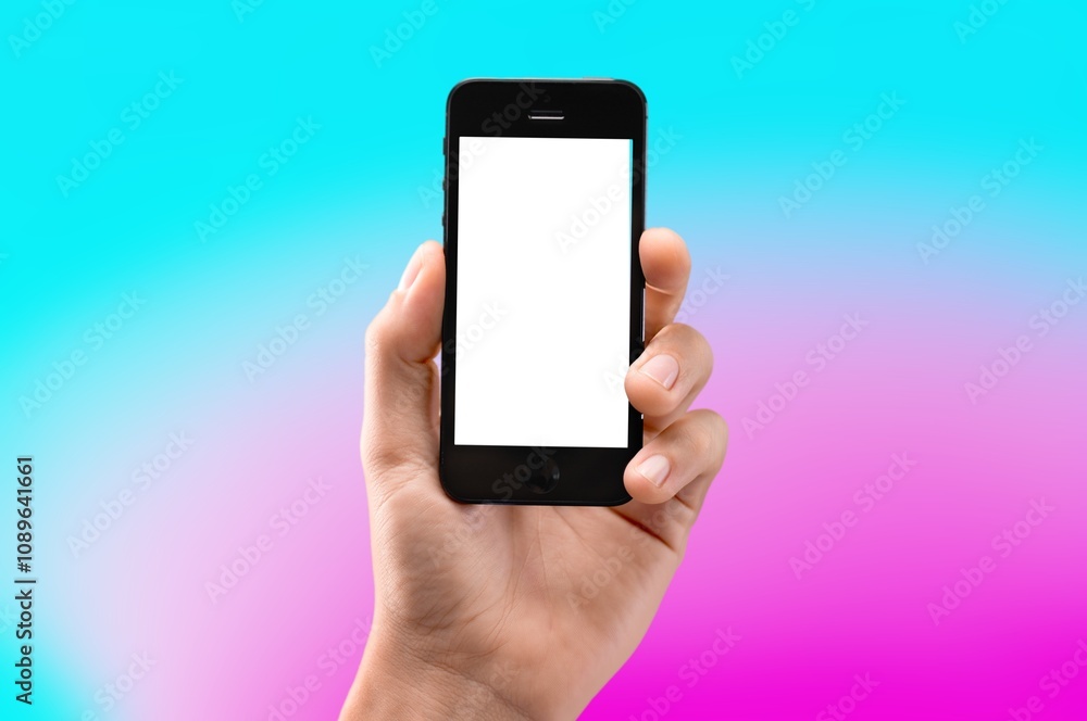 Hand showing modern smartphone with blank screen Hand showing modern smartphone with blank screen