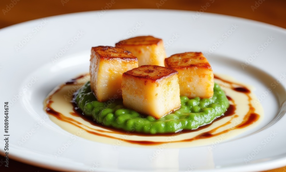 Savory dish of seared tofu on puree Savory dish of seared tofu on puree