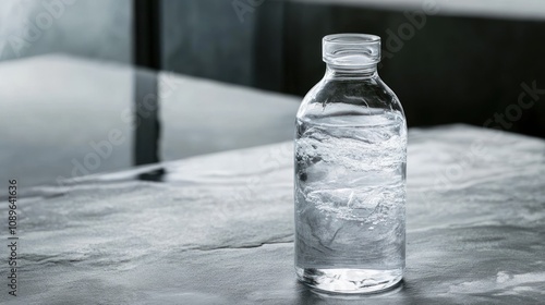 Minimalist glass water bottle against window light photo