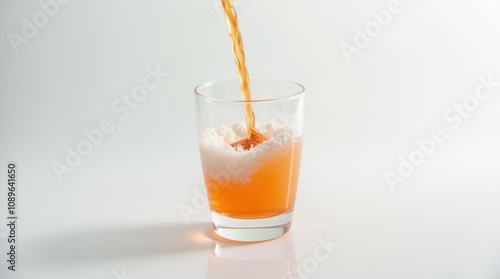 close-up of a clear glass filled with isotonic drink powder being mixed with water, vibrant liquid forming as the powder dissolves, minimalist white background photo