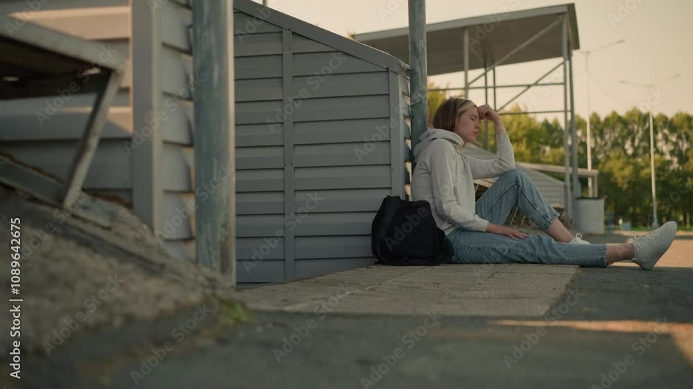 Girl in jeans seated on ground with thoughtful expression, resting hand on head, black bag nearby, with trees in the distant background Girl in jeans seated on ground with thoughtful expression, resting hand on head, black bag nearby, with trees in the distant background