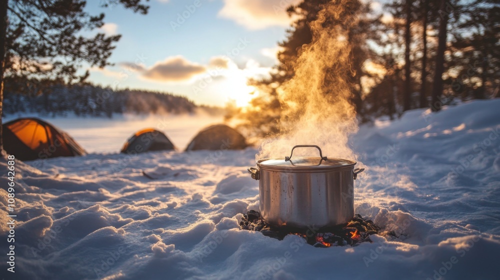 Sunset Winter Camping Cooking Pot On Fire Sunset Winter Camping Cooking Pot On Fire