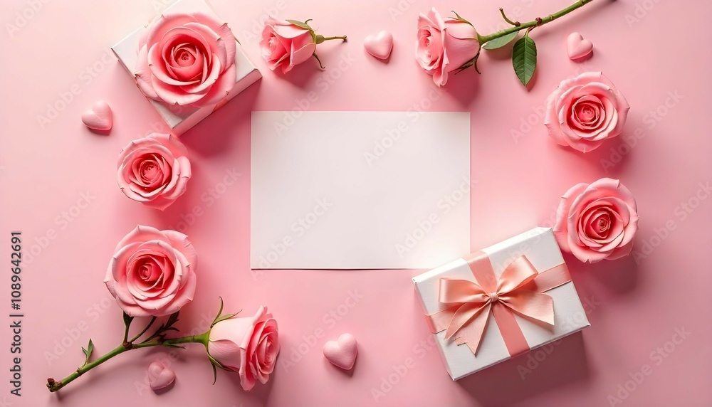 Frame made of rose, git box, heart and blank greeting card mockup on Colored background. Top view, flat lay, copy space Holiday, Mothers Day, birthday concept Frame made of rose, git box, heart and blank greeting card mockup on Colored background. Top view, flat lay, copy space Holiday, Mothers Day, birthday concept