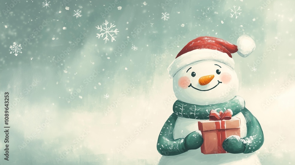 A cute, smiling snowman holding a gift box, Christmas greeting card design, vintage illustration style, Christmas background, snowflakes in the sky, snow falling,, a hat and scarf on the head, a fur c A cute, smiling snowman holding a gift box, Christmas greeting card design, vintage illustration style, Christmas background, snowflakes in the sky, snow falling,, a hat and scarf on the head, a fur c