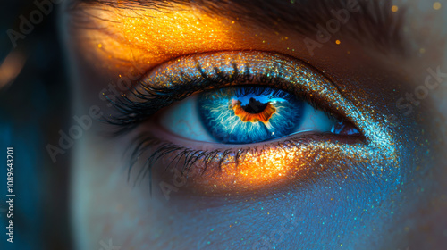 A close-up of a woman's striking eye with vibrant colors and sparkles, showcasing intricate patterns and a mesmerizing gaze