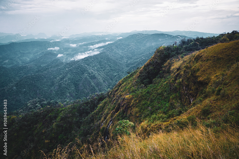 Fototapeta premium Exploring majestic mountain range lush greenery landscape photography cloudy skies panoramic view natural beauty