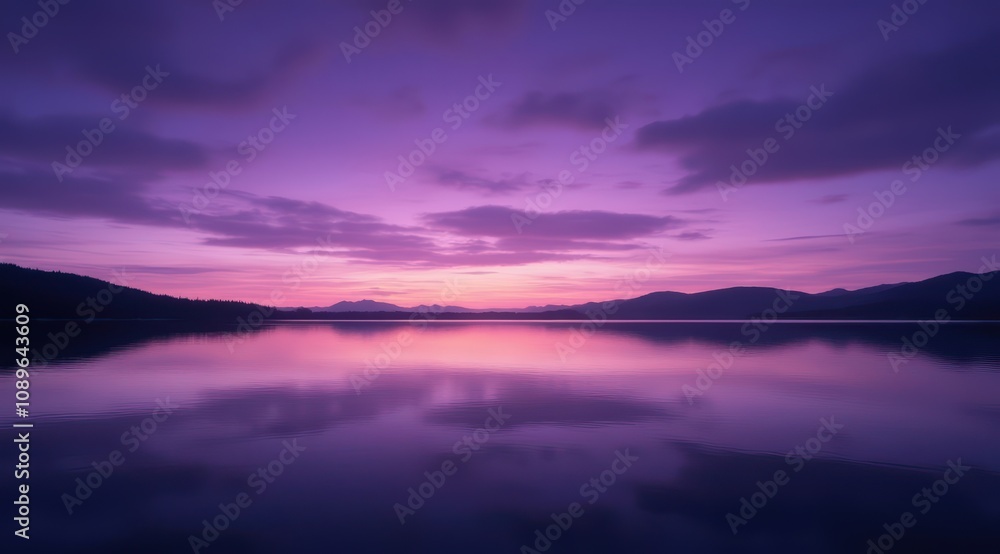 Serene sunset over tranquil purple lake Serene sunset over tranquil purple lake