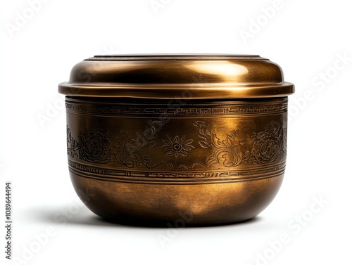 Antique bronze vessel with intricate carvings, isolated on white background.