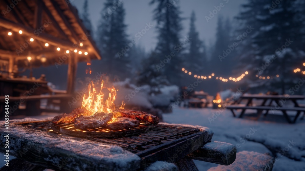 Winter Barbecue Steaks Grilling Near Cabin Lights Winter Barbecue Steaks Grilling Near Cabin Lights