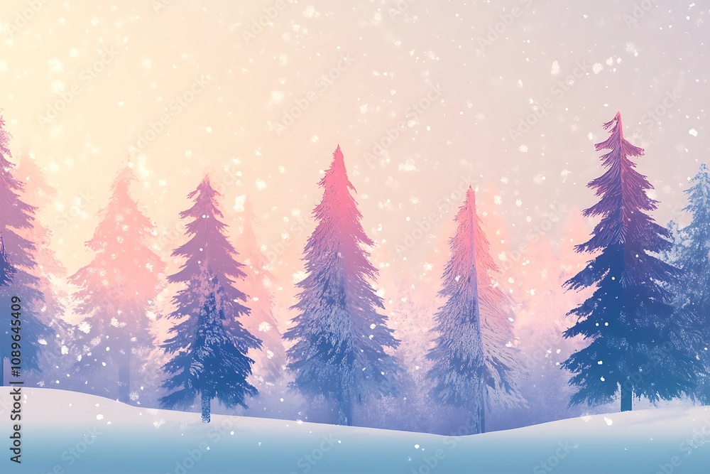 Fototapeta premium Abstract glowing snow-covered trees on a serene winter gradient