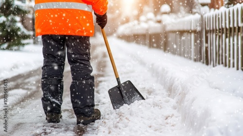 Worker Clearing Snow from Road with Shovel in Winter. Urban Maintenance and Safety