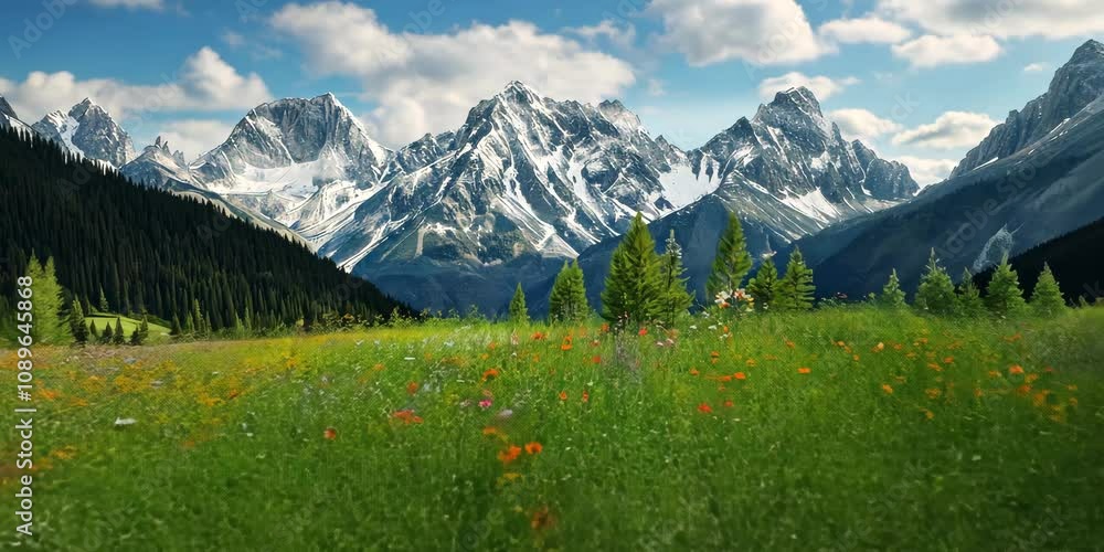 Alpine meadow with blooming wildflowers and distant peaks, 4K Video Alpine meadow with blooming wildflowers and distant peaks, 4K Video