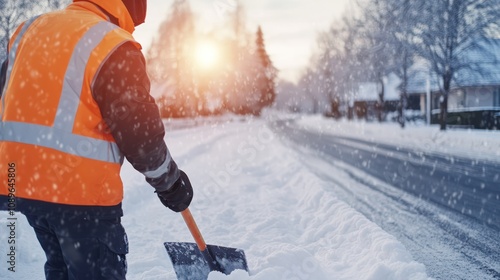 Worker Clearing Snow from Road with Shovel in Winter. Urban Maintenance and Safety