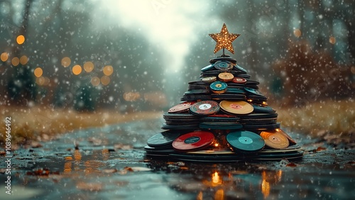 Christmas tree made of vinyl records decorated with a golden star photo