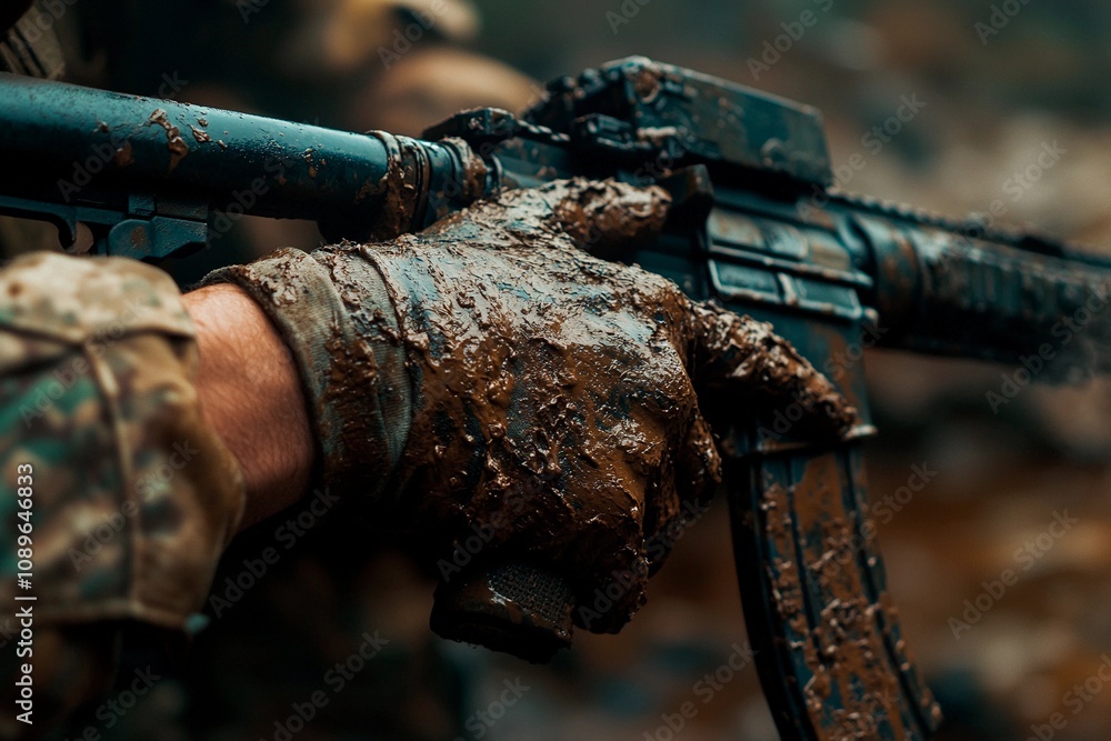 Soldier in muddy terrain prepares for action during intense military exercise. Generative AI Soldier in muddy terrain prepares for action during intense military exercise. Generative AI