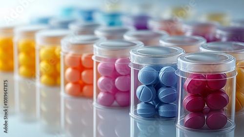 Colorful candy jars neatly arranged in a gradient order photo