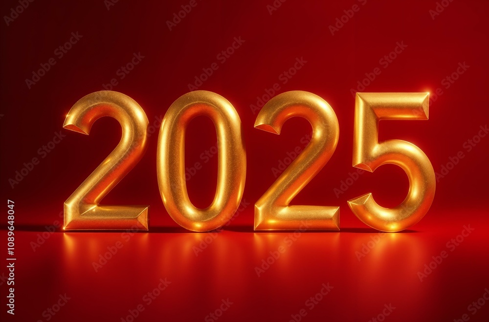 Shining golden number 2025 on red background with bokeh Shining golden number 2025 on red background with bokeh