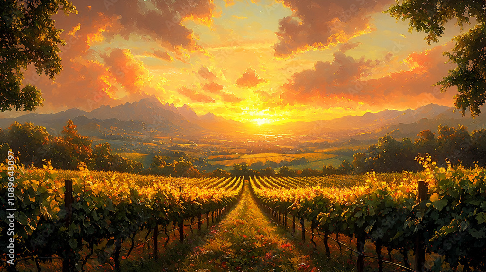 Naklejka premium A picturesque vineyard at sunset, with rows of grapevines leading to distant mountains under a colorful sky filled with clouds.