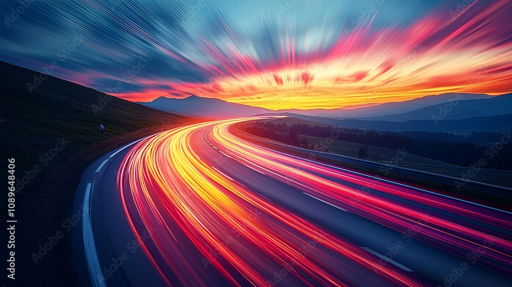 A vibrant sunset with dynamic light trails from passing vehicles on a winding road, showcasing motion and the beauty of evening skies. A vibrant sunset with dynamic light trails from passing vehicles on a winding road, showcasing motion and the beauty of evening skies.