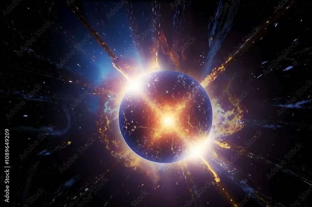 Obraz premium Catastrophic Planet Destruction with Energy Blasts in Vibrant Colors