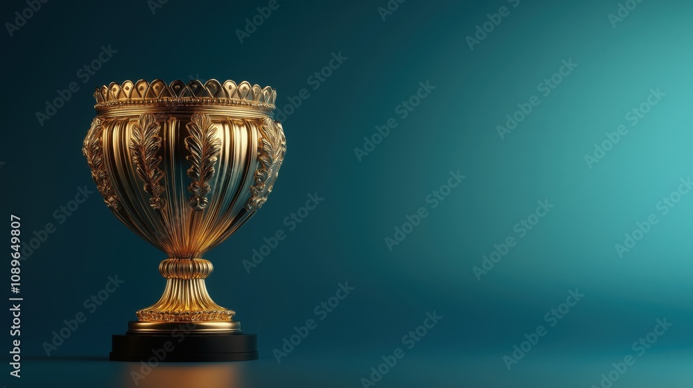 A shiny golden trophy with intricate designs against a blue backdrop. A shiny golden trophy with intricate designs against a blue backdrop.