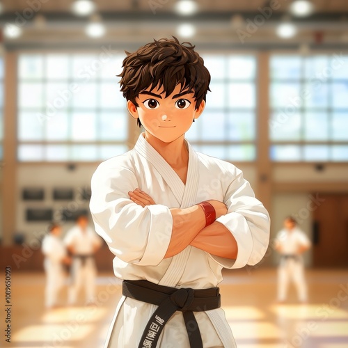 Confident Young Karateka in White Gi with Black Belt in Dojo Setting.