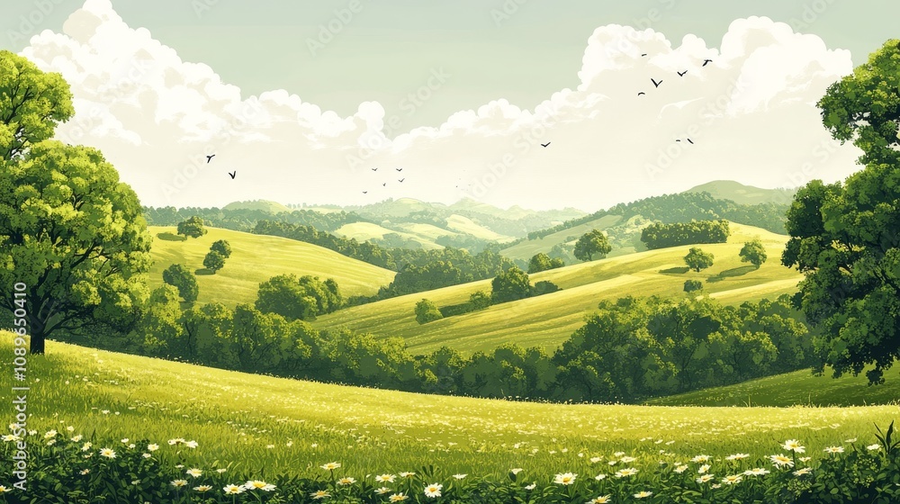 Obraz premium Rolling Green Hills Landscape With Daisies And Birds