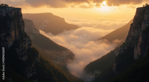 Majestic sunrise over misty mountains