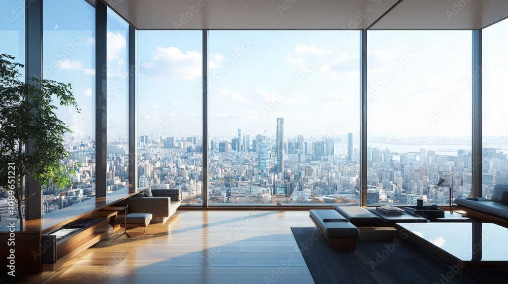 Fototapeta premium Modern living room with panoramic city view