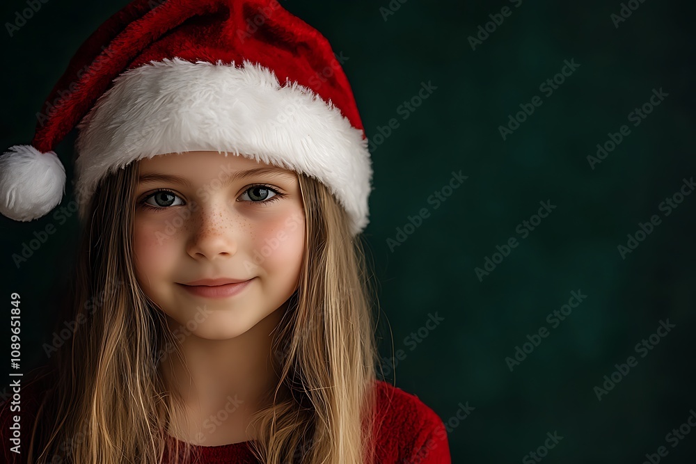 Bright close-up of girl in Santa outfit with plain dark green background Bright close-up of girl in Santa outfit with plain dark green background