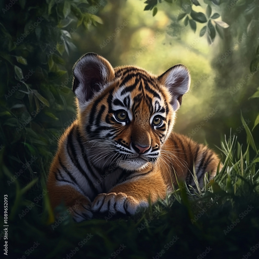 Fototapeta premium Young tiger exploring dense jungle habitat during daylight