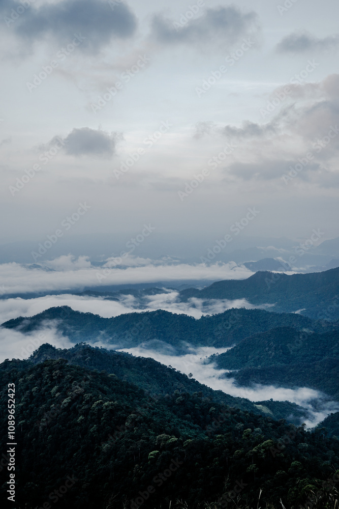 Obraz premium Breathtaking mountain view overlooking misty valleys nature photography serene environment aerial perspective tranquility