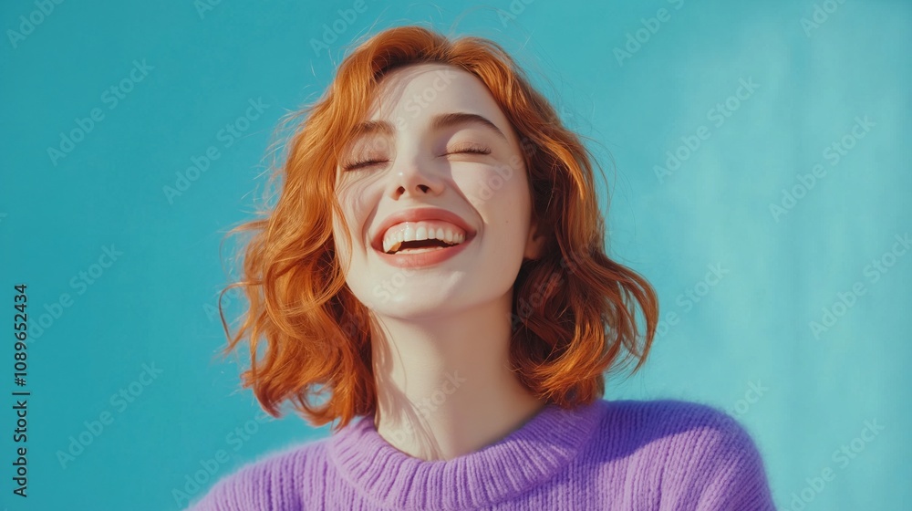 A young woman with curly red hair smiling joyfully against a bright blue background. A young woman with curly red hair smiling joyfully against a bright blue background.