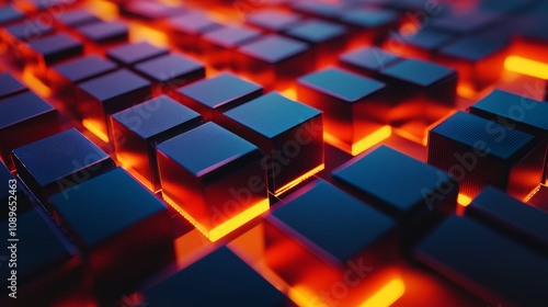 A close-up view of glowing cube arranged in a grid, creating a visually striking tech-inspired pattern.