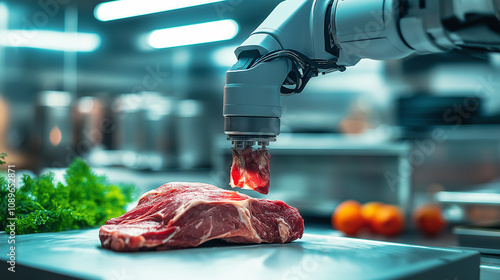 Robotic arm cutting raw meat on a modern kitchen counter, symbolizing automation in food preparation and technology integration.