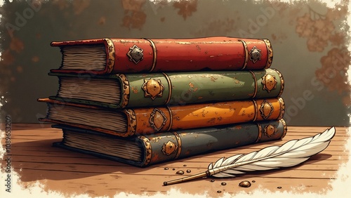 Antique books stacked elegantly on a rustic wooden table with a vintage feather quill beside them inviting stories from a bygone era