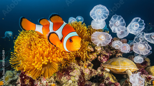 A clownfish swims among vibrant anemones and jellyfish in a colorful coral reef in a tropical underwater environment